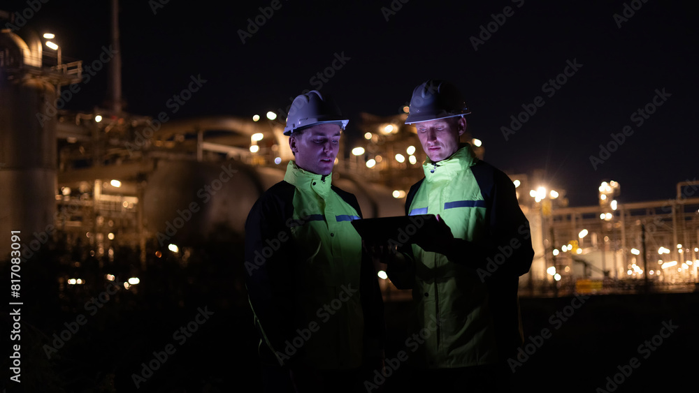 Two energy engineers using digital tablets for work and discussing the background of oil refinery distillation plants and bokeh light at night time. Two energy engineers using digital tablets for work and discussing the background of oil refinery distillation plants and bokeh light at night time.
