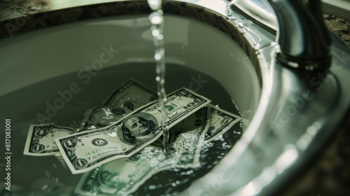 Dollars in sink, a visual metaphor for wasting money, liquid assets. photo