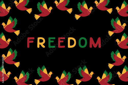Flat Juneteenth horizontal banner and placard with text Freedom. Vector flat animalistic elements in traditional African colors for social media. Isolated text on black background