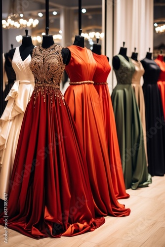 Elegant long formal dresses for sale in luxury modern shop boutique