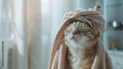 A contented ginger cat sits with its eyes closed, wrapped in a towel turban after a bath. photo