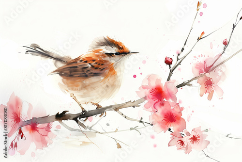 Watercolor painting of a sparrow on cherry blossom branch photo