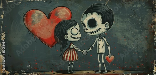 Cute creepy vintage valentines day monster zombie ghost girl and boy couple with a big heart on a dark background