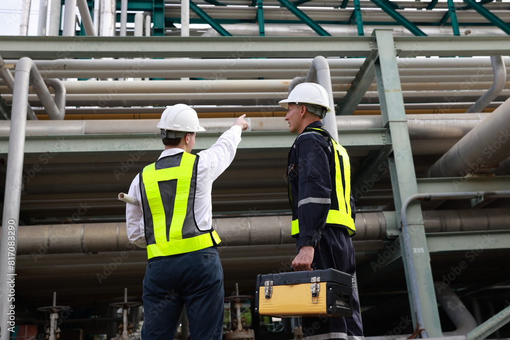 Construction engineers supervising the project's progress for the piping system stand on the new refinery factory to the project manager Construction engineers supervising the project's progress for the piping system stand on the new refinery factory to the project manager