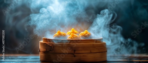 Flying dim sum in a dark, smoky setting, perfect for creative food concepts with copy space