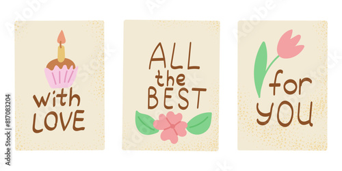 Set of hand drawn textured postcards in flat childish style and candy pastel colors. Vector typographic illustration isolated on white background.