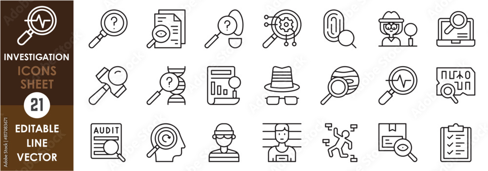 A set of line icons related to investigation. Inspect, investigate, research, crime scene, and so on. Outline icons set.