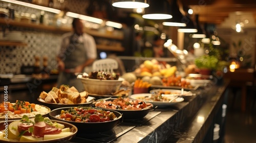 A busy restaurant counter showcasing a long line of various food dishes ready for serving to customers.
