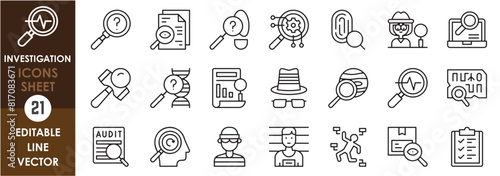 A set of line icons related to investigation. Inspect, investigate, research, crime scene, and so on. Outline icons set. photo