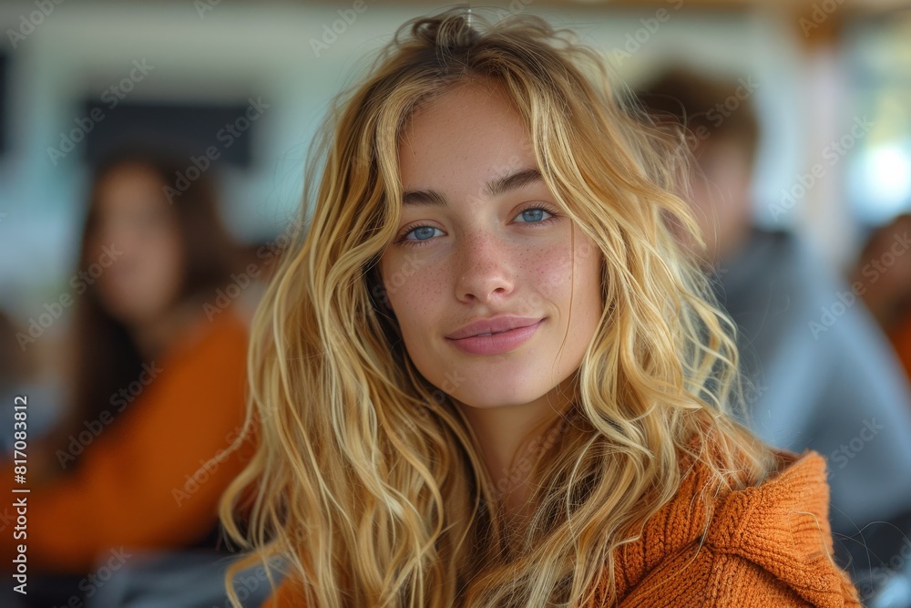 Φωτογραφία a college woman with blonde hair dons an orange casual attire, her blue eyes sparkling with joy as she flashes a captivating smile, accentuated by charming freckles