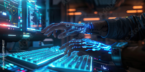 In a dimly lit room, a netrunner expertly manipulates a holographic interface, their fingers dancing across the virtual keyboards with ease photo