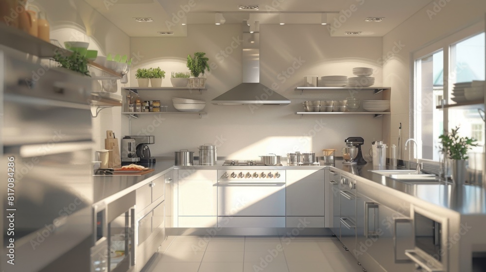 A bright, modern kitchen bathed in sunlight features stainless steel appliances, open shelving, and a mix of greenery and kitchenware, creating a welcoming and functional space. A bright, modern kitchen bathed in sunlight features stainless steel appliances, open shelving, and a mix of greenery and kitchenware, creating a welcoming and functional space.