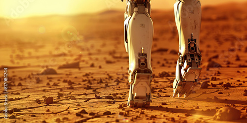 On a Desolate Planet, a Shining Mech's Mightful Gait Amidst a Metallic Glint of Hope photo