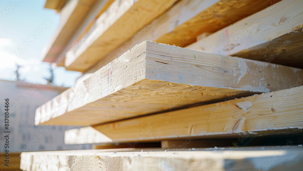 Sunlight glares off the edges of precision-cut timber stacks at a dynamic construction site.