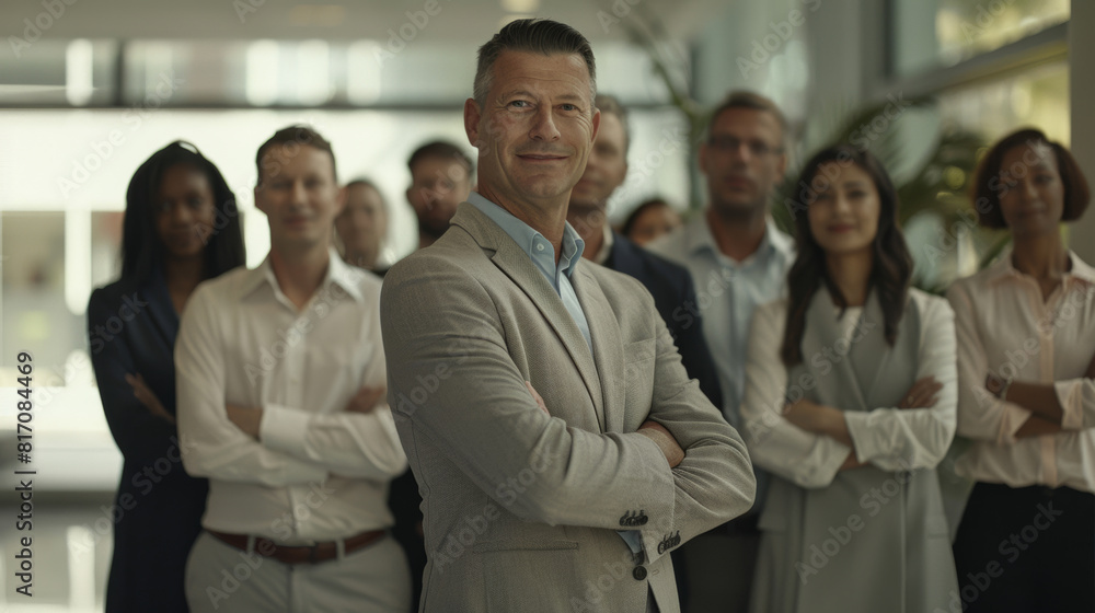 Confident business leader stands forefront, flanked by a diverse team of professionals in sharp attire. Confident business leader stands forefront, flanked by a diverse team of professionals in sharp attire.