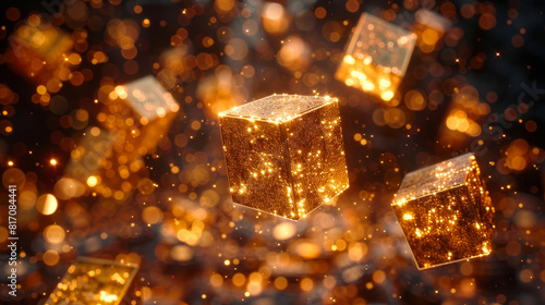 A bunch of gold cubes are floating in the air, creating a sense of movement and excitement. The bright gold color of the cubes contrasts with the dark background, making them stand out