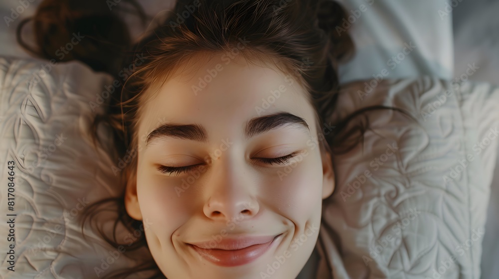 Image of young smiling pretty lady lies in bed indoors. Eyes closed. Image of young smiling pretty lady lies in bed indoors. Eyes closed.