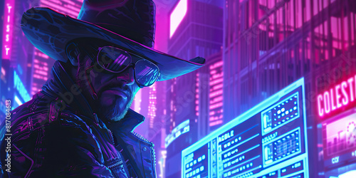 In a neon-lit cityscape, a cyberpunk cowboy nonchalantly hacks into a high-tech security system with ease. photo