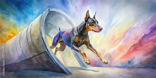 A Doberman Pinscher races through a tunnel on an agility course, displaying speed and determination
