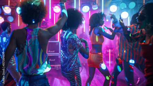 Vibrant dance floor with energetic group enjoying a neon-lit nightlife celebration.