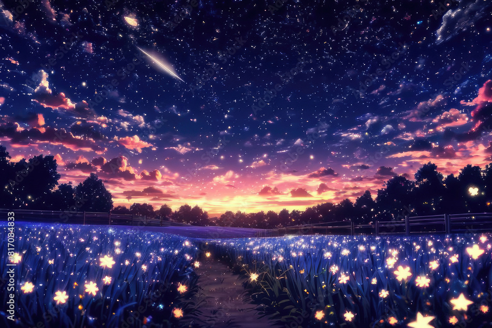 Generative AI, the sight of a meteor shower on a beautiful night with a dark sky dotted with soft light emanating from stars that sparkle like diamonds, beautiful meteor shower, cool anime landscape Generative AI, the sight of a meteor shower on a beautiful night with a dark sky dotted with soft light emanating from stars that sparkle like diamonds, beautiful meteor shower, cool anime landscape