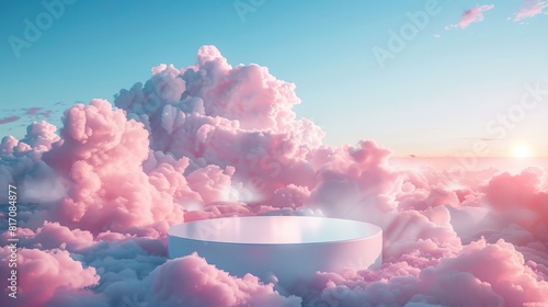 Heaventhemed podium for highend cosmetic products close up ethereal double exposure with peaceful skies backdrop photo