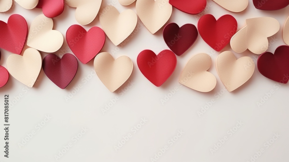 Fallen red beige wooden hearts, isolated on table background texture, top view Fallen red beige wooden hearts, isolated on table background texture, top view