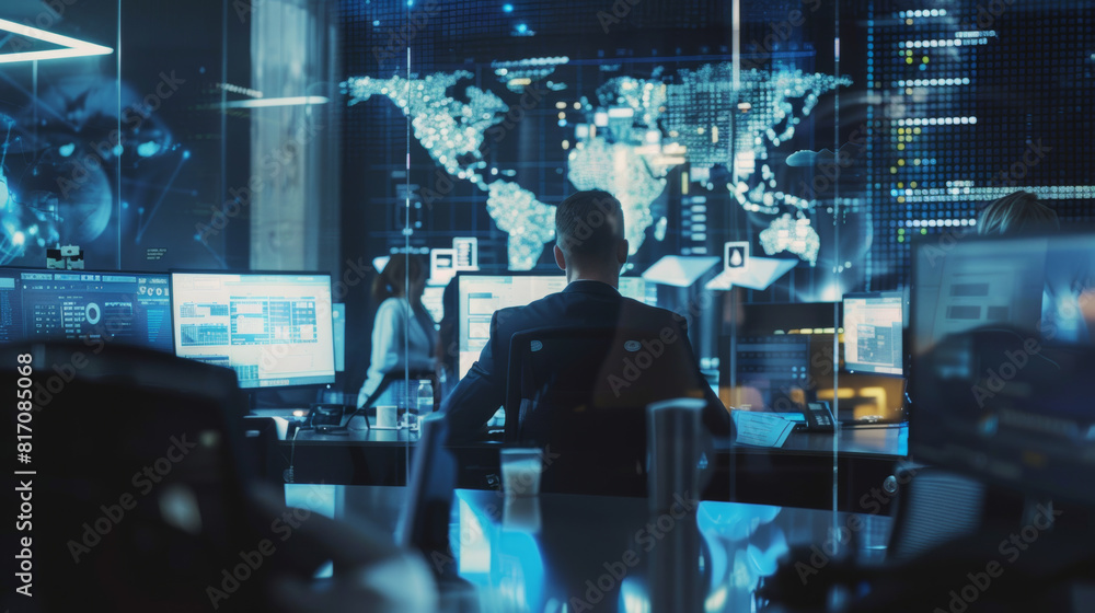 Backlit silhouette of a professional surveying global data from a futuristic control center. Backlit silhouette of a professional surveying global data from a futuristic control center.