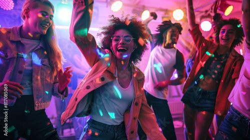 Group of ecstatic friends reveling in a neon-lit party ambiance.