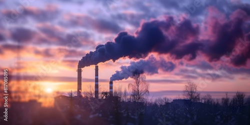 Factory chimney emitting black smoke symbolizes environmental harm and pollution crisis. Concept Environmental Pollution, Factory Emissions, Climate Crisis, Smokestack Impact