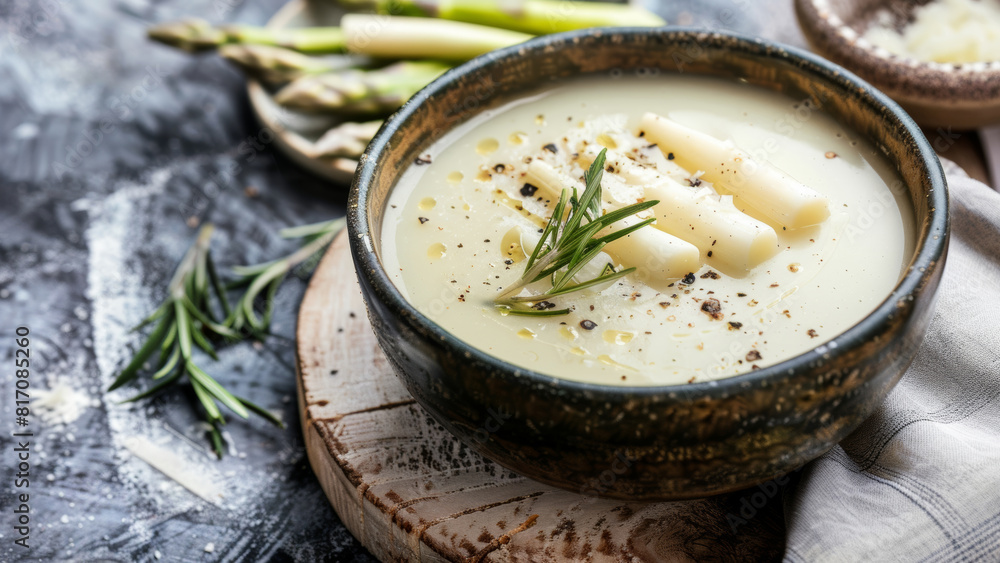 A bowl of velvety asparagus soup presented on a textured backdrop, garnished with herbs. A bowl of velvety asparagus soup presented on a textured backdrop, garnished with herbs.