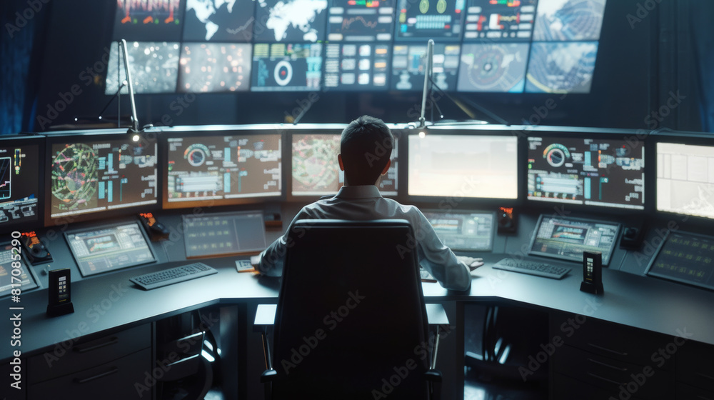 Silhouette of an individual overseeing operations at a futuristic monitoring station filled with screens. Silhouette of an individual overseeing operations at a futuristic monitoring station filled with screens.