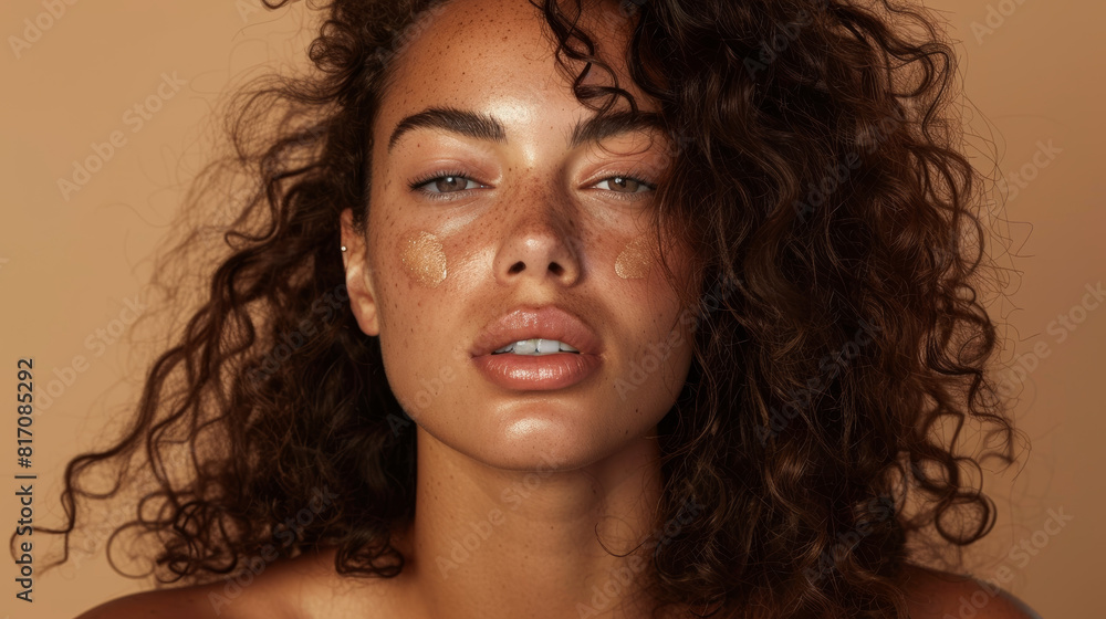 Glowing beauty with freckles and natural curls. Glowing beauty with freckles and natural curls.