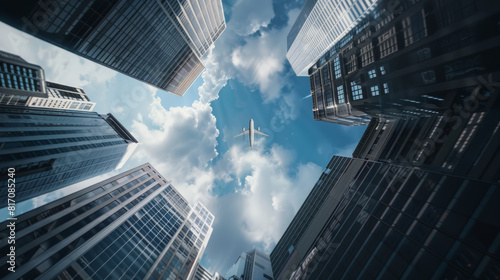 A plane glides between skyscrapers, bisecting the sky above an urban canyon of glass and steel.