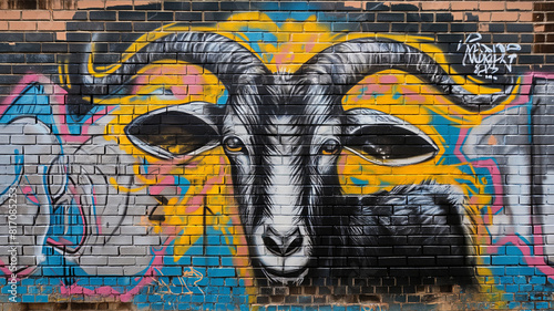 Pop art comic street graffiti with a goat on a brick wall. Creative poster. photo