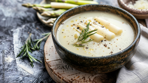 A bowl of velvety asparagus soup presented on a textured backdrop  garnished with herbs.