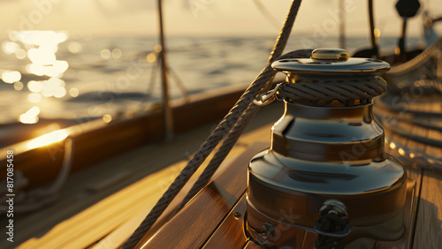 Evening sun caresses yacht winch and ropes, a symphony of sailing serenity. photo
