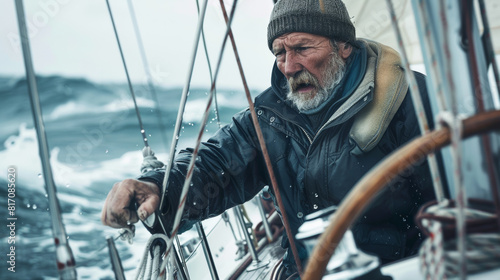 A weathered sailor grips the helm with determination amidst tumultuous seas, a portrait of resilience.
