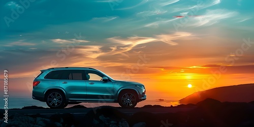 Luxury SUV on coastal road at sunset with modern design. Concept Luxury SUV, Coastal Road, Sunset, Modern Design, Travel