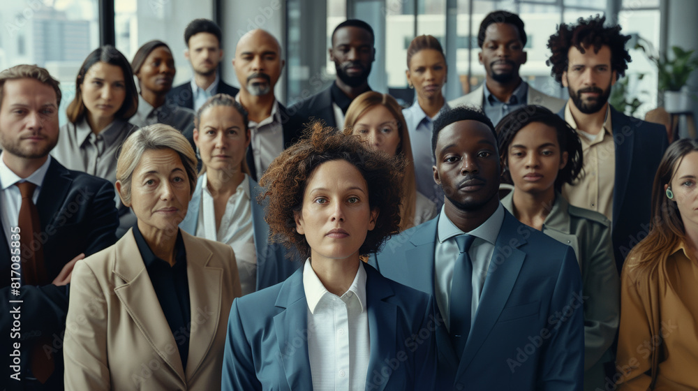 Multicultural office team stands with an air of determination and professional resolve. Multicultural office team stands with an air of determination and professional resolve.