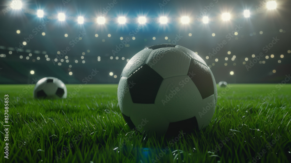 Soccer ball on a green pitch under bright stadium lights.