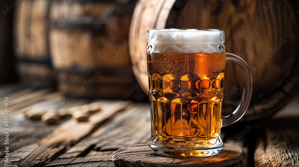 Glass of beer on wooden table. A frosty glass of beer with a foamy head on a rustic wooden table. Glass of beer on wooden table. A frosty glass of beer with a foamy head on a rustic wooden table.