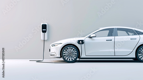 EV car charging with charger at electric charge station. Technology battery high power electric energy with a connected charging cable, Green renewable energy, battery storage future. Banner concept.