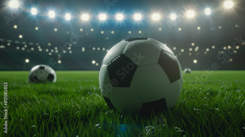Soccer ball on a green pitch under bright stadium lights. © VK Studio