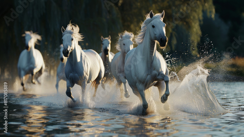 Majestic white horses gallop powerfully through water, sending splashes into the air in wild freedom. © VK Studio