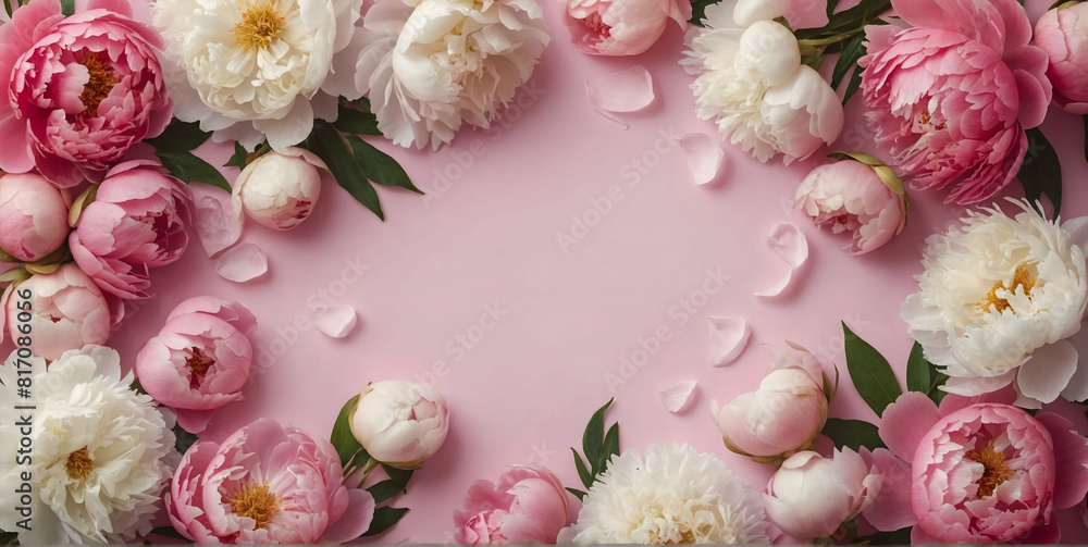 Frame made of beautiful peony flowers on pink background. Flat lay, copy space, summer flowers Frame made of beautiful peony flowers on pink background. Flat lay, copy space, summer flowers