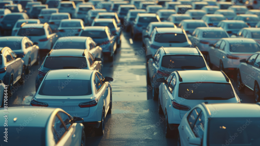 Obraz premium Dawn's golden glow blankets a vast sea of parked cars, hinting at urban hustle.
