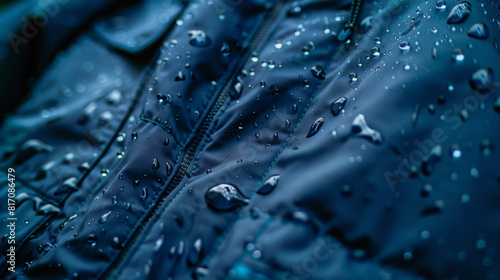 Water droplets bead on the surface of a blue waterproof fabric, illustrating both texture and function.