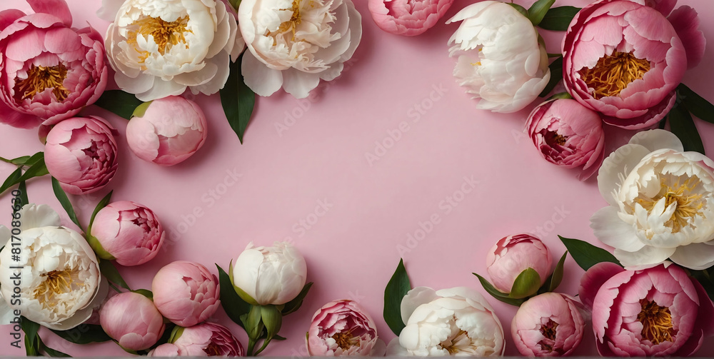 Frame made of beautiful peony flowers on pink background. Flat lay, copy space, summer flowers Frame made of beautiful peony flowers on pink background. Flat lay, copy space, summer flowers