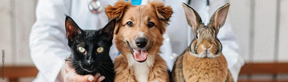 a dog, a cat and a rabbit are getting vaccinatde by a vet a dog, a cat and a rabbit are getting vaccinatde by a vet